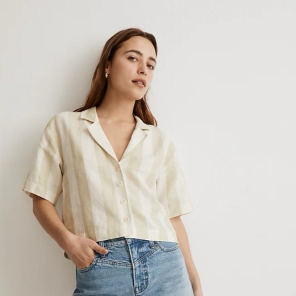 Madewell Linen Olive beige Striped resort crop top button up Blouse shirt